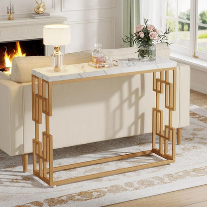 Tribesigns 42.5" Modern Gold Console Table Featuring a White Faux Marble Top
