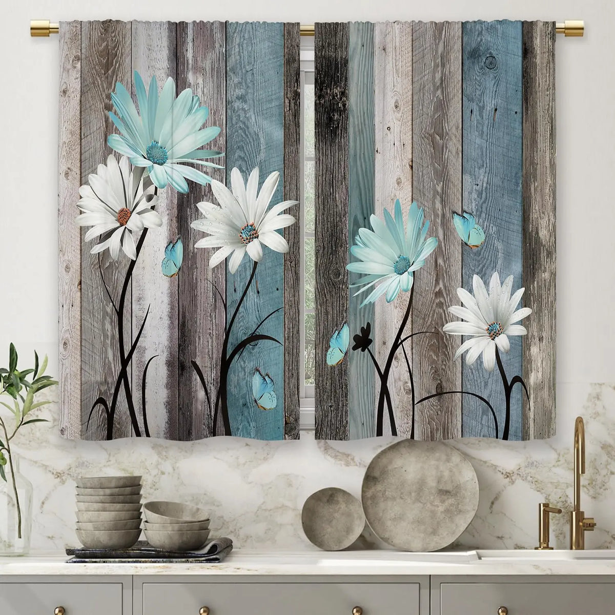 Teal Farmhouse Daisy Kitchen Curtains - Rustic Floral Butterfly Short Cafe Drapes for Country Homes (2 Panels, 27.5x39 Inch)