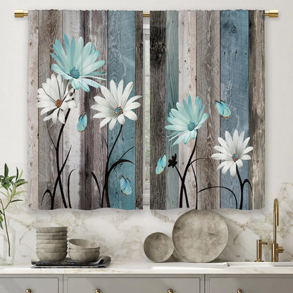 Teal Farmhouse Daisy Kitchen Curtains - Rustic Floral Butterfly Short Cafe Drapes for Country Homes (2 Panels, 27.5x39 Inch)