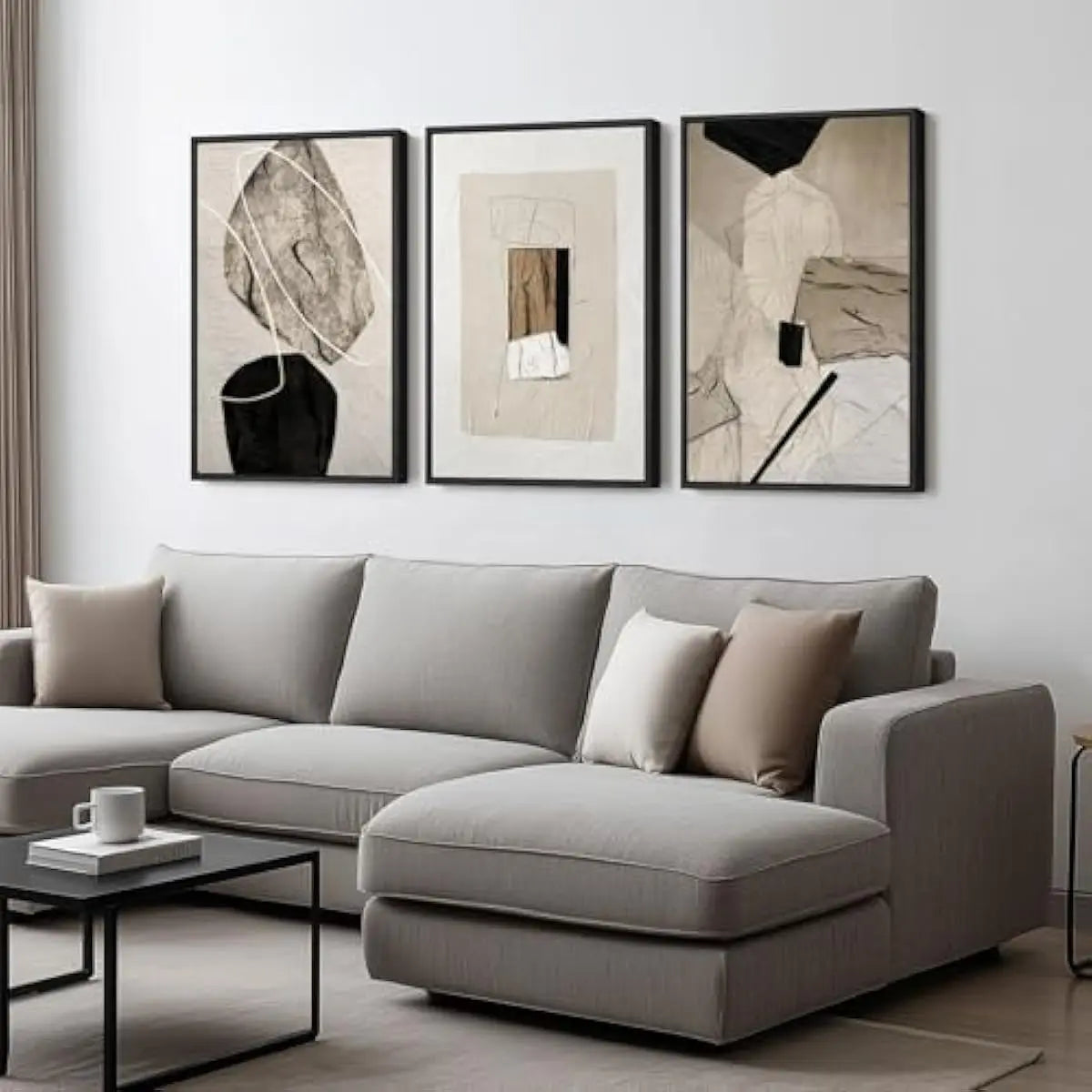 Set of 3 Framed Neutral Abstract Canvas Prints
