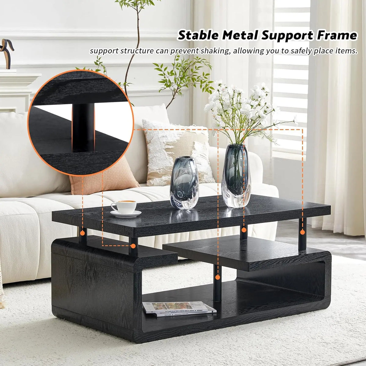 43.3" Black Wood Grain Coffee Table - Modern 3-Tier Center Table with Ample Storage for Your Living Room or Office