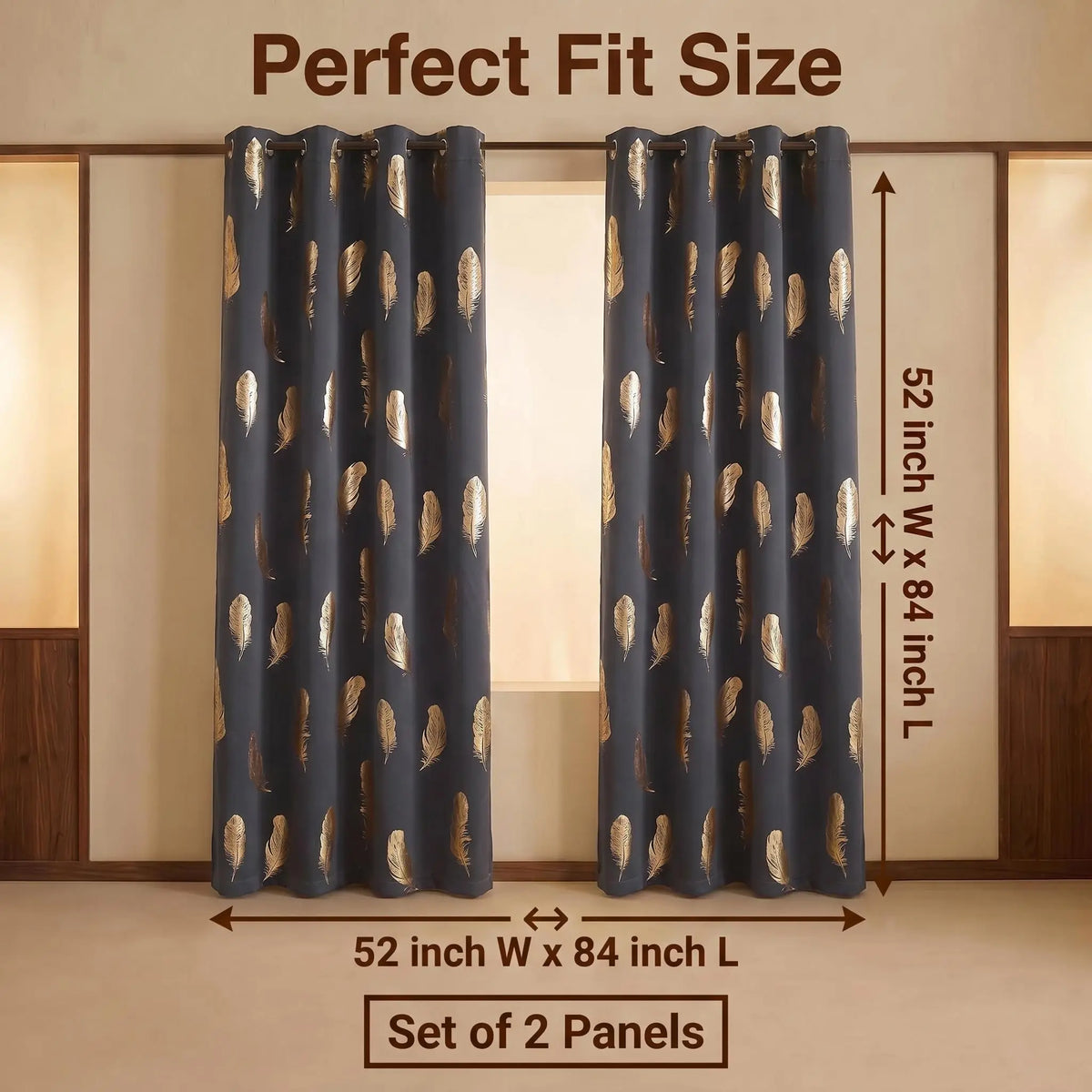 2 Panels of 52"x84" Foil Metallic Printed Grommet Blackout Curtains - Thermal Insulated Drapes for Privacy and Comfort