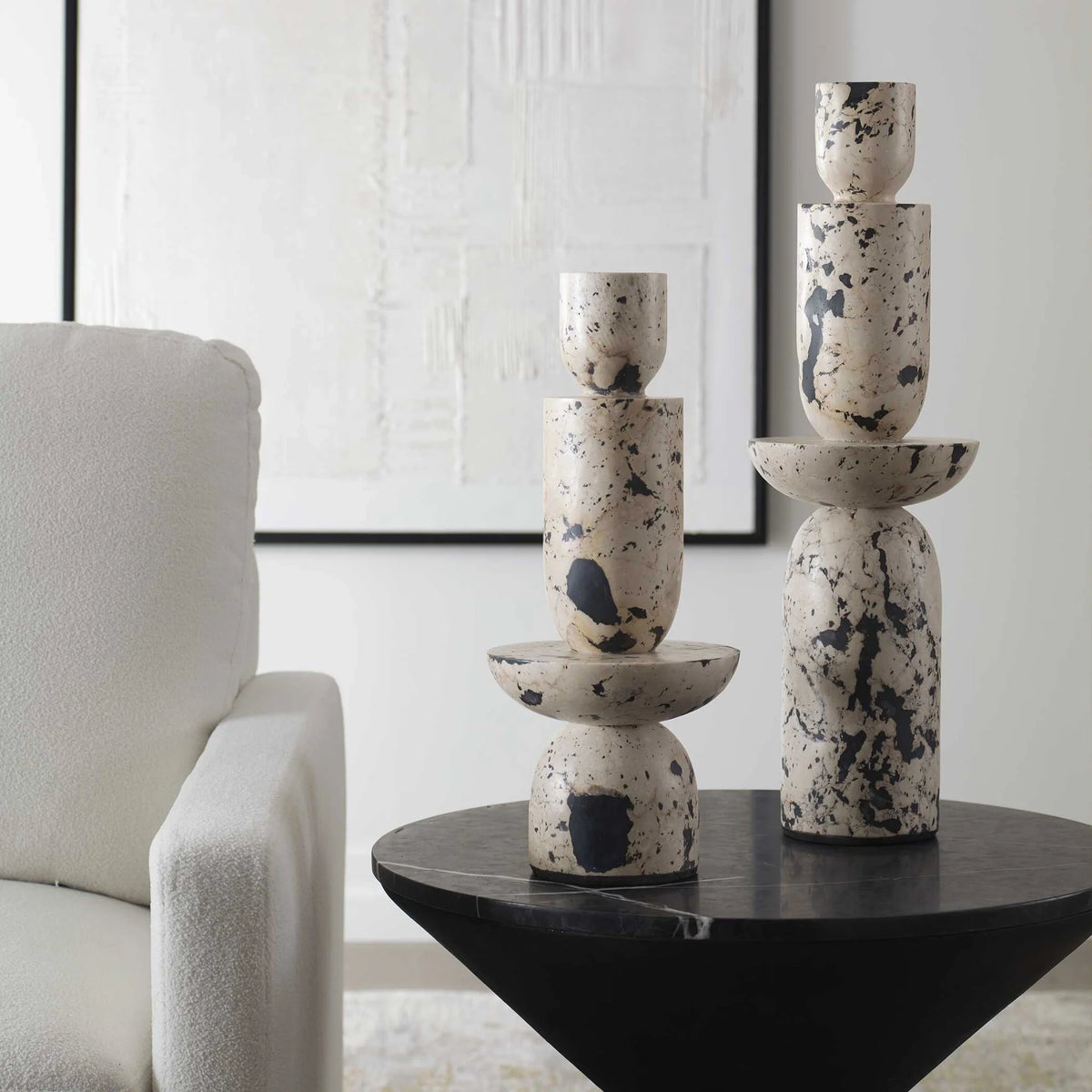 Limestone Tower Sculptures, Set of 2