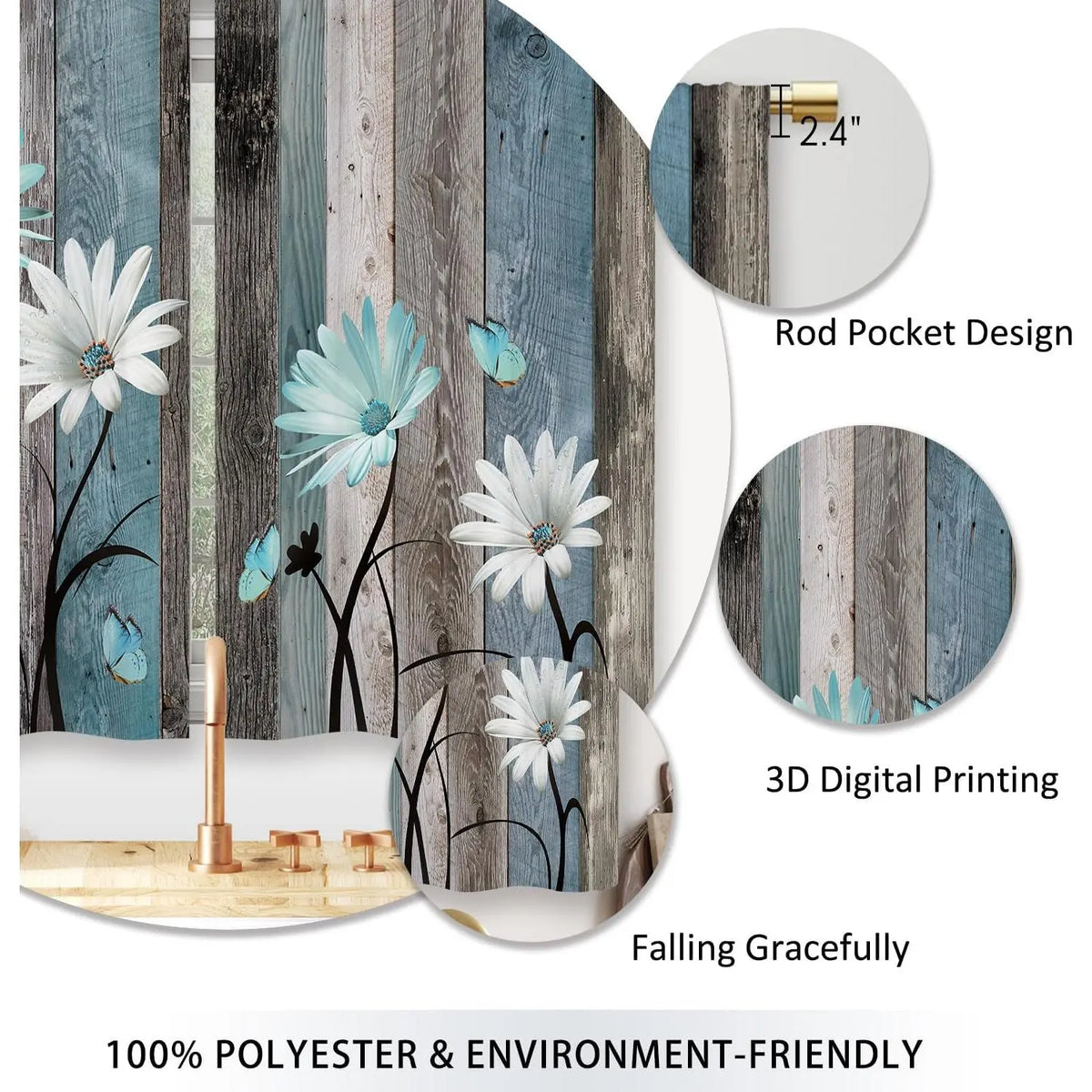 Teal Farmhouse Daisy Kitchen Curtains - Rustic Floral Butterfly Short Cafe Drapes for Country Homes (2 Panels, 27.5x39 Inch)