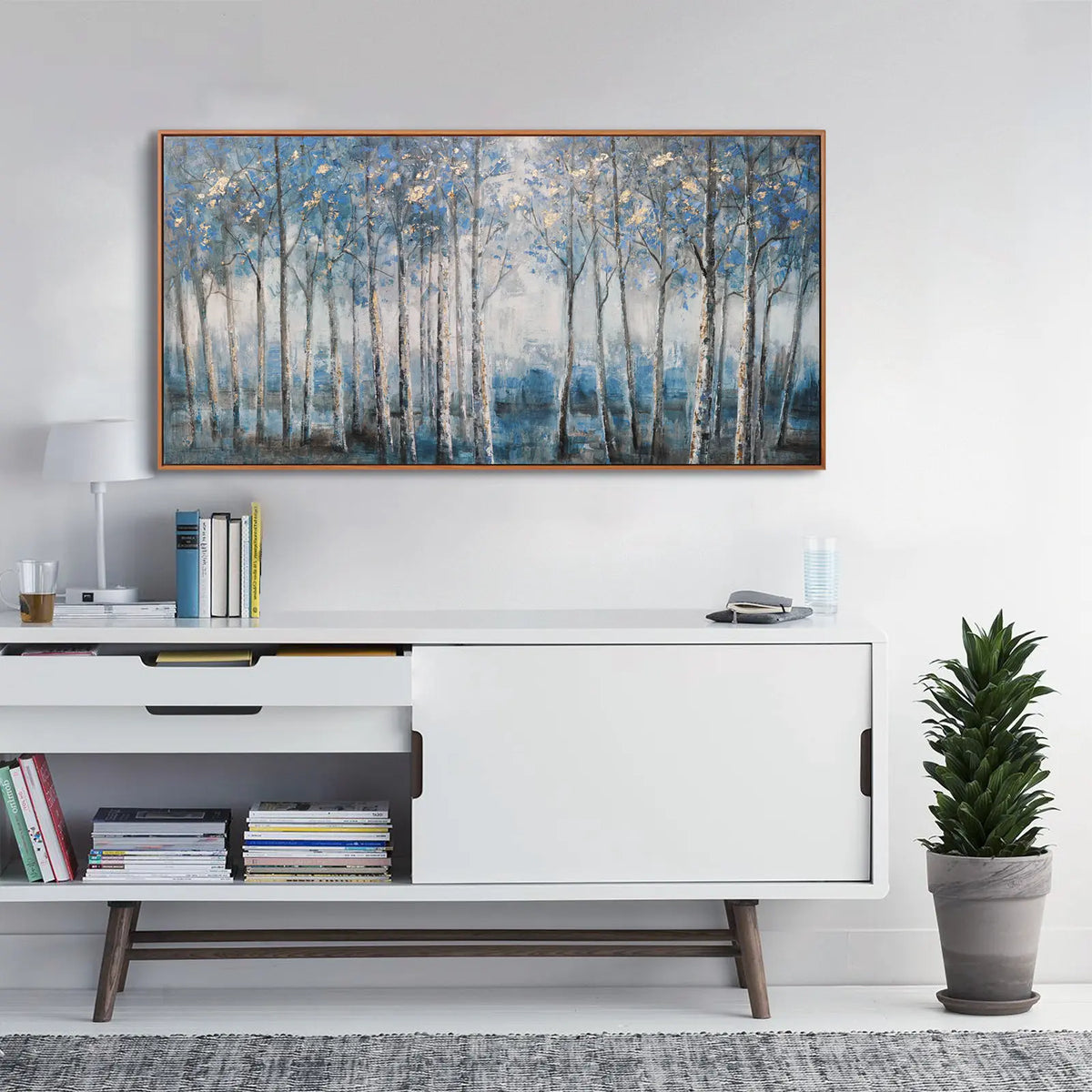 Framed Modern Grey Blue and Gold Foil Forest Canvas Oil Painting