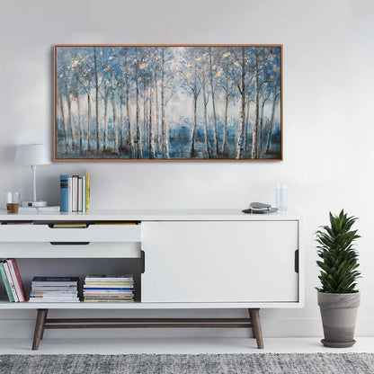 Framed Modern Grey Blue and Gold Foil Forest Canvas Oil Painting