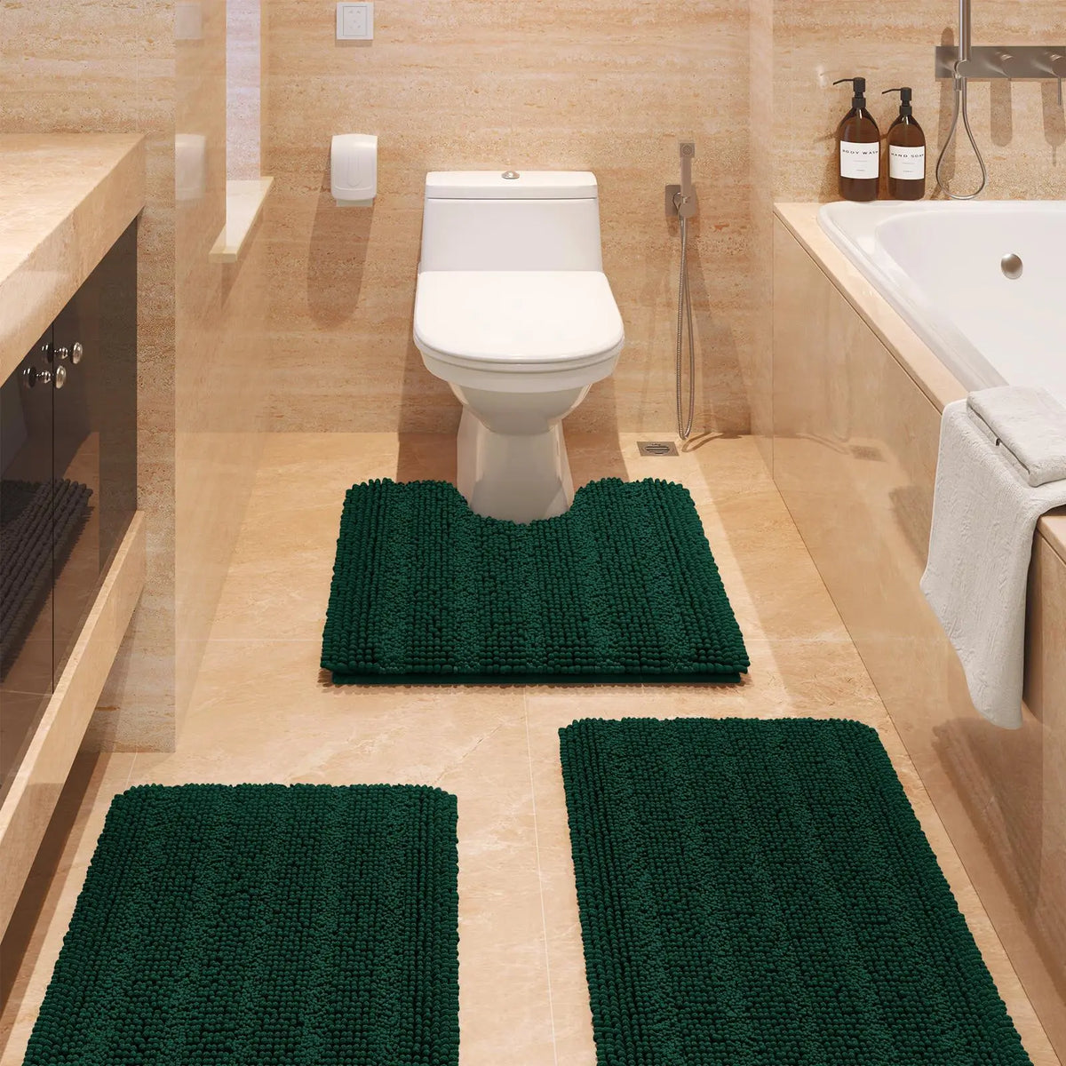 Transform Your Bathroom with the ACCUMTEK Luxurious Soft Striped Chenille Bath Rug Set - 3 Plush, Non-Slip Mats for Ultimate Comfort and Style