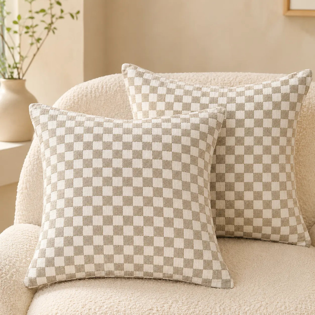 Cream Gingham Cushion Covers - 2-Piece Set for a Nordic Touch