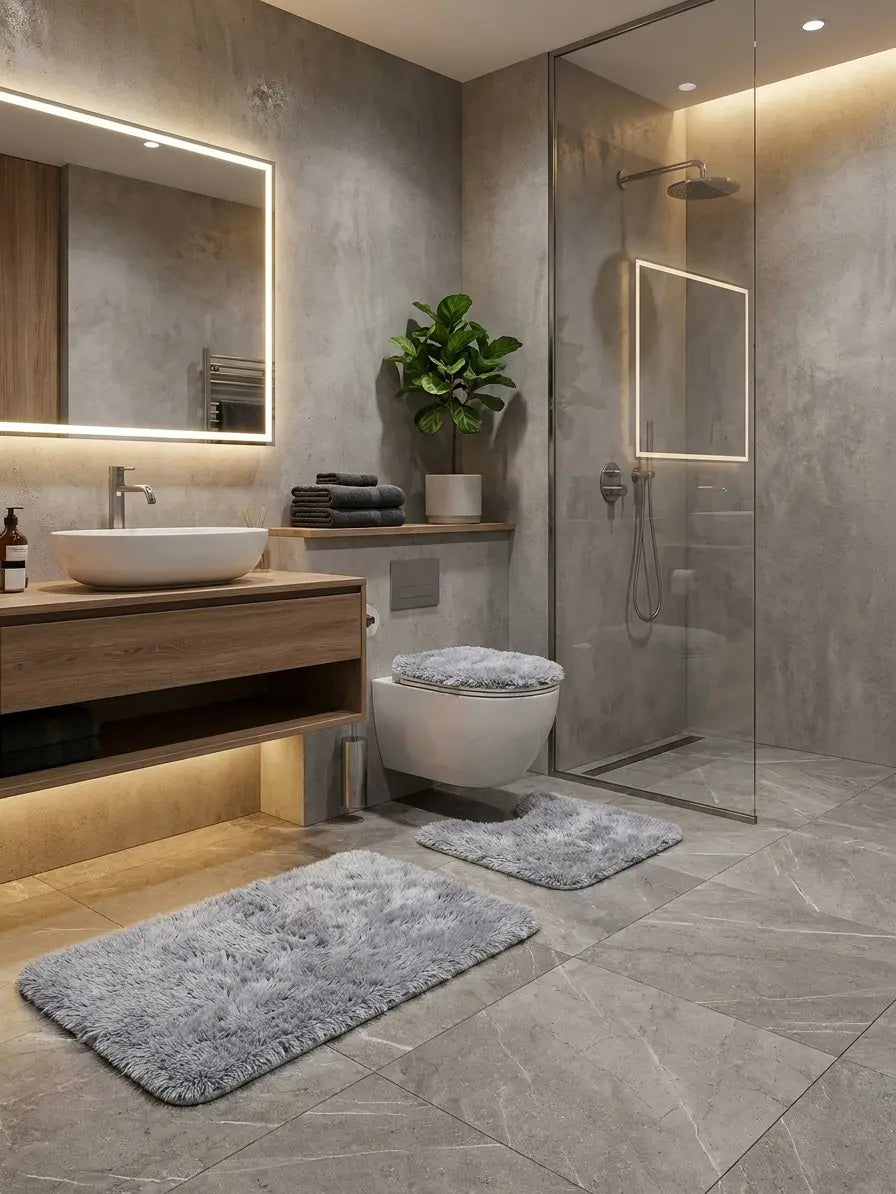 3 Piece Grey Bathroom Rug Set | Soft Bath Mat, Toilet Contour Rug & Lid Cover | Non-Slip Bathroom Mat Set | Washable Bathroom Rugs