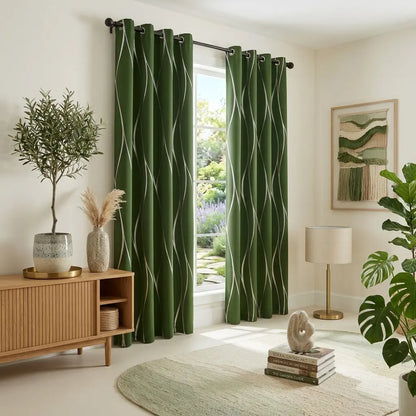 100% Blackout Curtains 52X84, Gold Silver Foil Wave Blackout Curtains for Living Room Bedroom, High Precision Polyester Thermal Insulated Grommet Drapes, Room Darkening Wavy Line Window Curtains, Beige Ivory Black, Set of 2 Panels