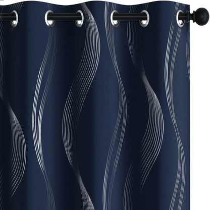 Silver Wave Print Blackout Curtains | Thermal Insulated, Grommet or Rod Pocket | Wide Size Range, Set of 2