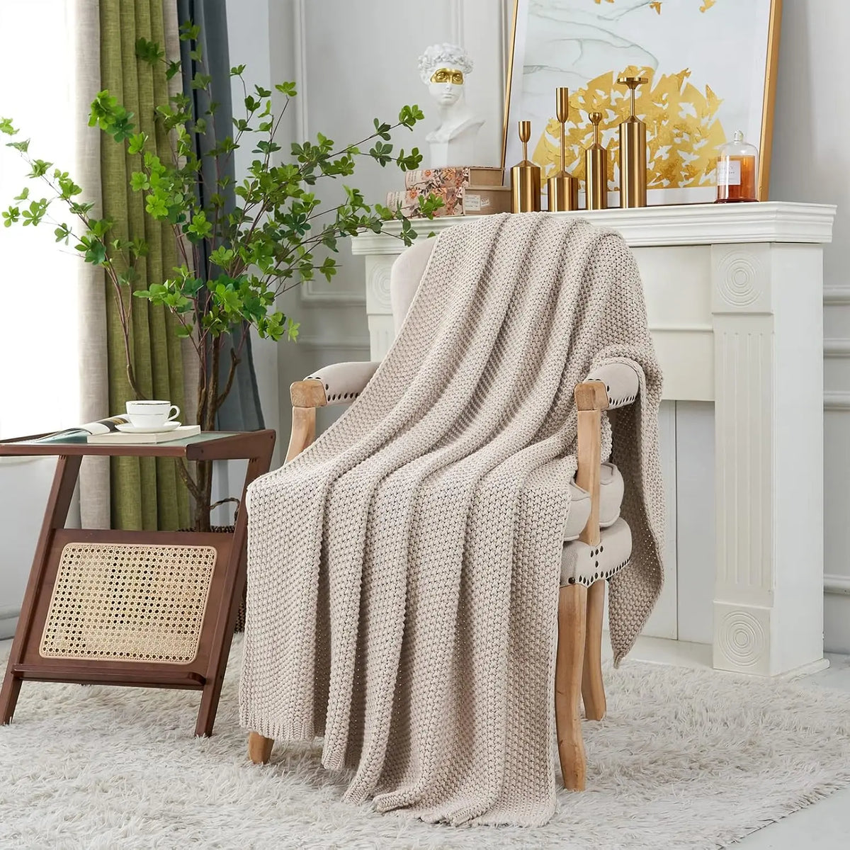Chunky Knit Throw Blanket Lightweight Beige Cotton Blanket for Sofa Couch Bed , Rustic Shabby Modern Farmhouse, 51 X 63 Give Bag