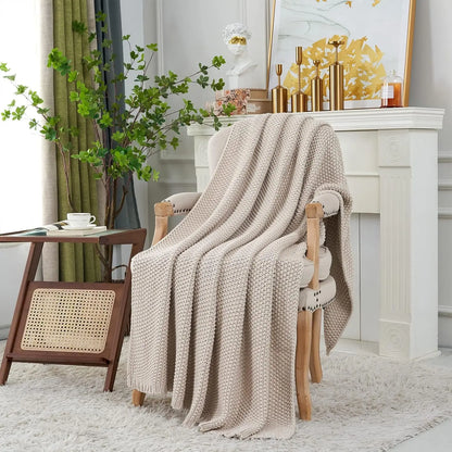Chunky Knit Throw Blanket Lightweight Beige Cotton Blanket for Sofa Couch Bed , Rustic Shabby Modern Farmhouse, 51 X 63 Give Bag