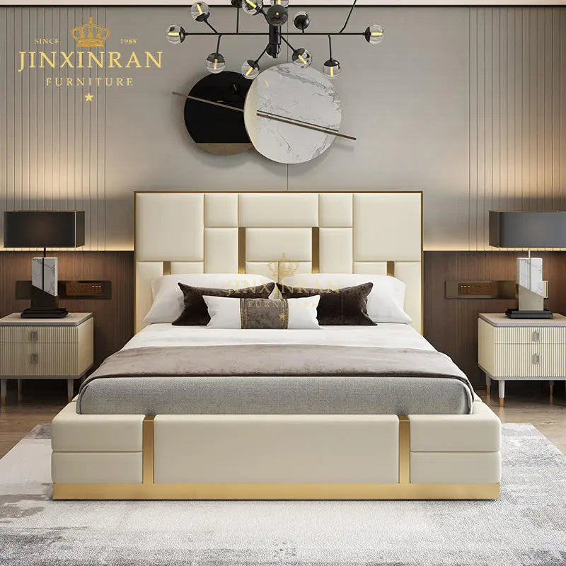 High End Modern Luxury Soft Bed Frame Bedroom Set Genuine Double Leather King Queen Size Bed