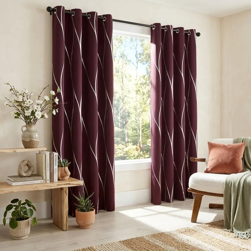 100% Blackout Curtains 52X84, Gold Silver Foil Wave Blackout Curtains for Living Room Bedroom, High Precision Polyester Thermal Insulated Grommet Drapes, Room Darkening Wavy Line Window Curtains, Beige Ivory Black, Set of 2 Panels
