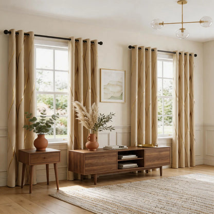 Metallic Foil Wave Blackout Curtains | Triple-Weave Thermal Grommet Panels, Set of 2 | Six Colours, 63" & 84" Drops