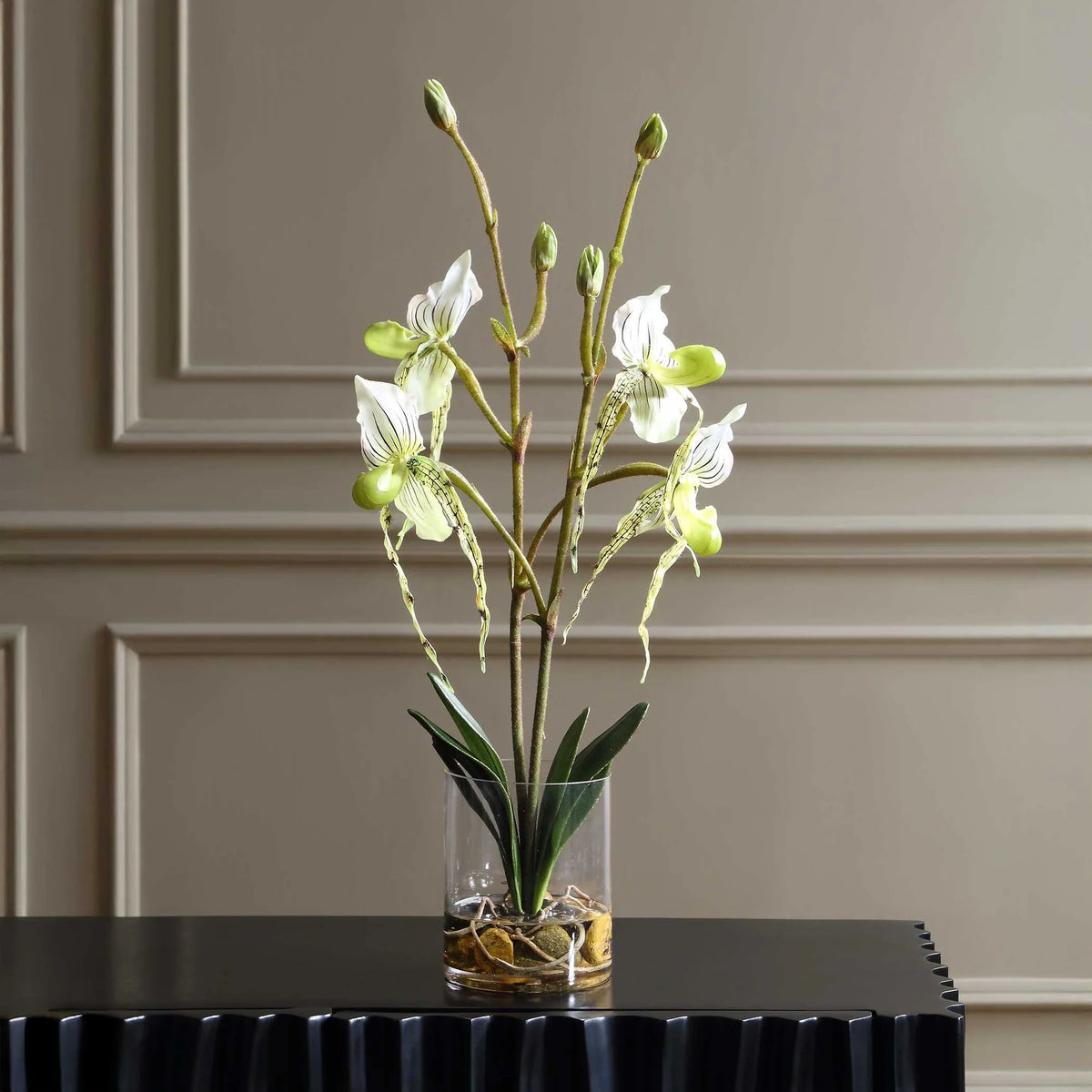 Slipper Orchid In Glass Vase