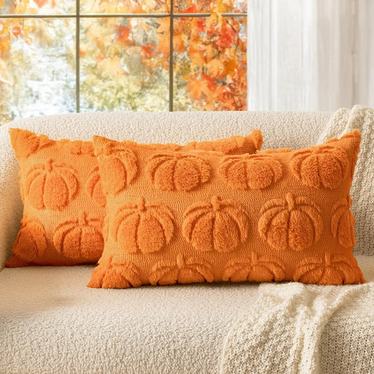 Set of 2 Fall Throw Pillow Covers 18X18 Pumpkin Design – Autumn Decor for Sofa, Couch & Porch
