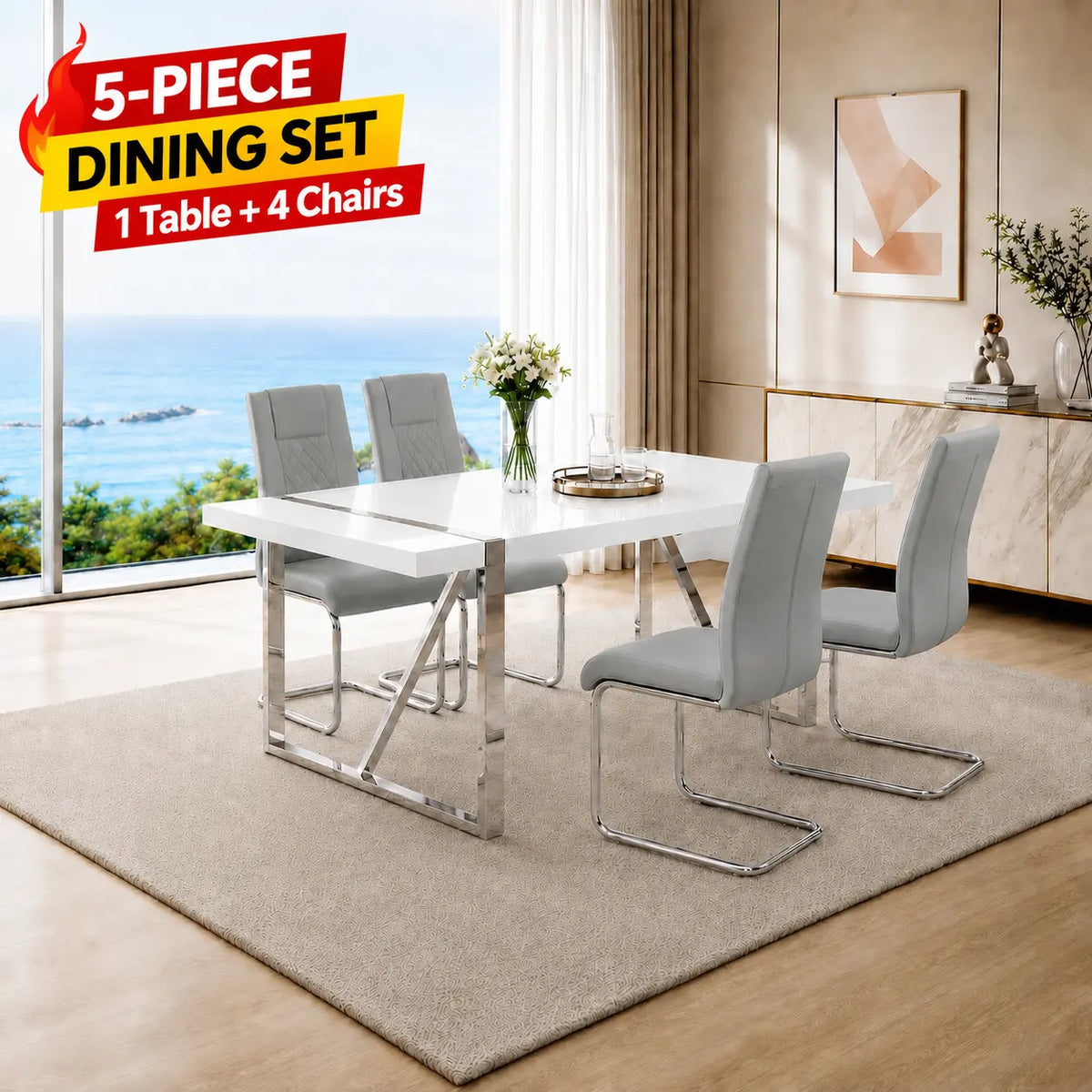 Stylish 7-Piece Dining Table Set with White Rectangular MDF Table and 6 Leather Chairs - Perfect for Modern Homes!