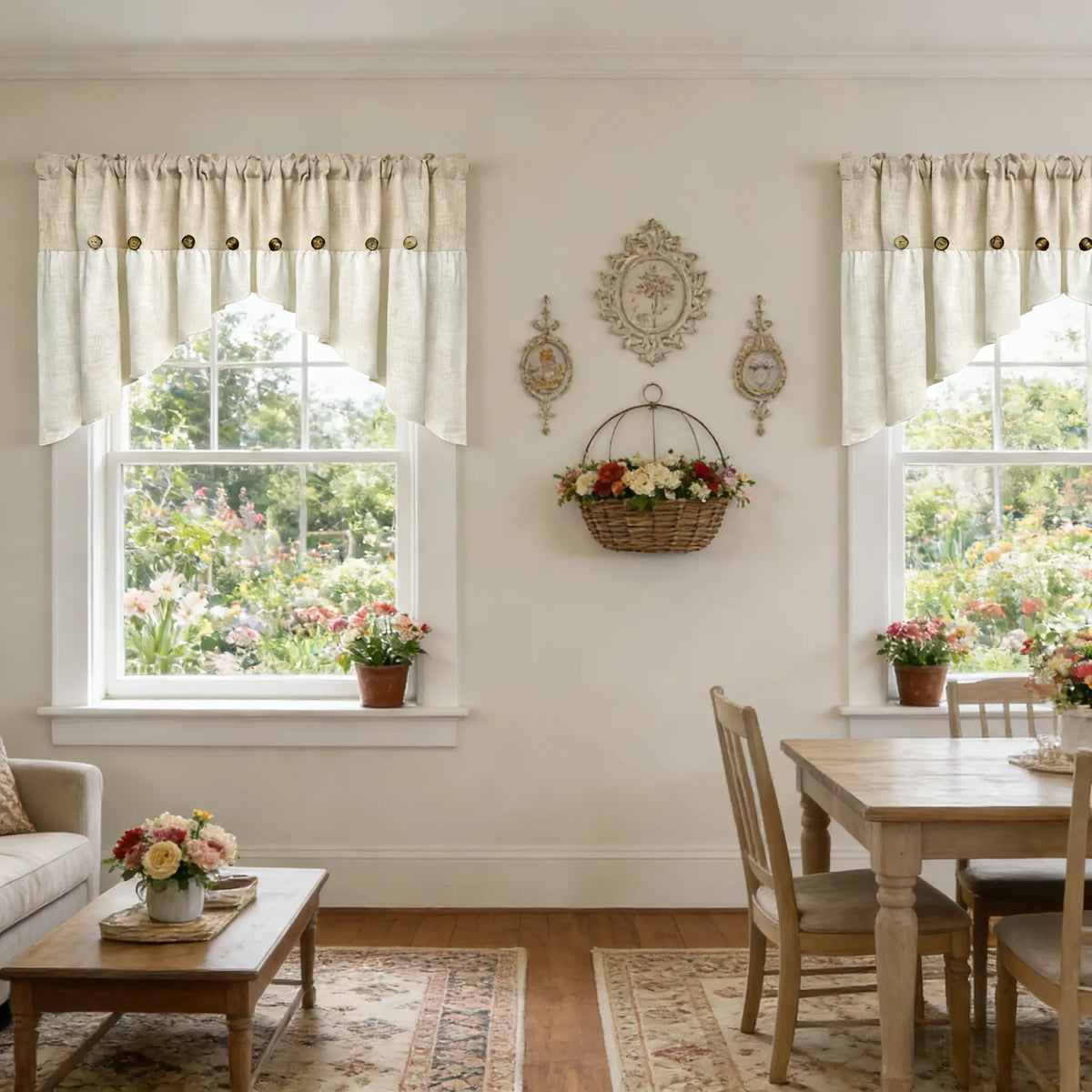1PC Farmhouse Boho Linen Button Arched Valance Curtains