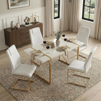 7-Piece Dining Table Set with White Rectangular MDF Table and 6 Leather Chairs
