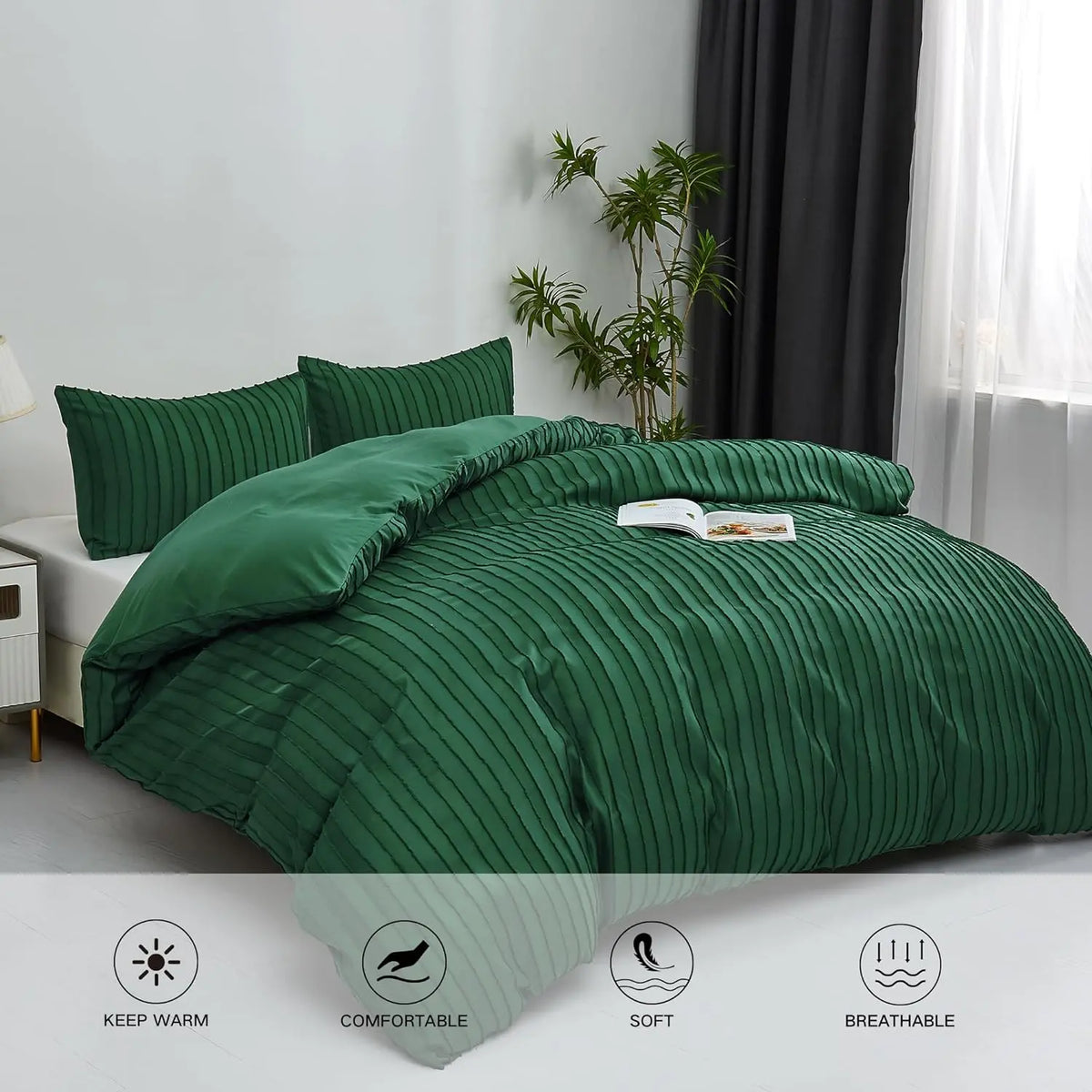 Duvet Cover Queen Size Set - Ultra Soft Washed Microfiber Cover Set, Includes 1 Duvet Cover & 2 Pillow Shams, Green & White