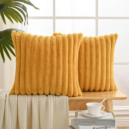 Set of 2 Luxuriously Soft Faux Plush Decorative Throw Pillow Covers - 18x18 Inches, Cream White Striped Accent Cushions for Sofa, Couch, and Bed