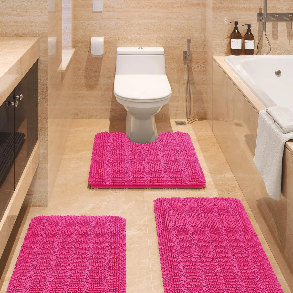 Transform Your Bathroom with the ACCUMTEK Luxurious Soft Striped Chenille Bath Rug Set - 3 Plush, Non-Slip Mats for Ultimate Comfort and Style