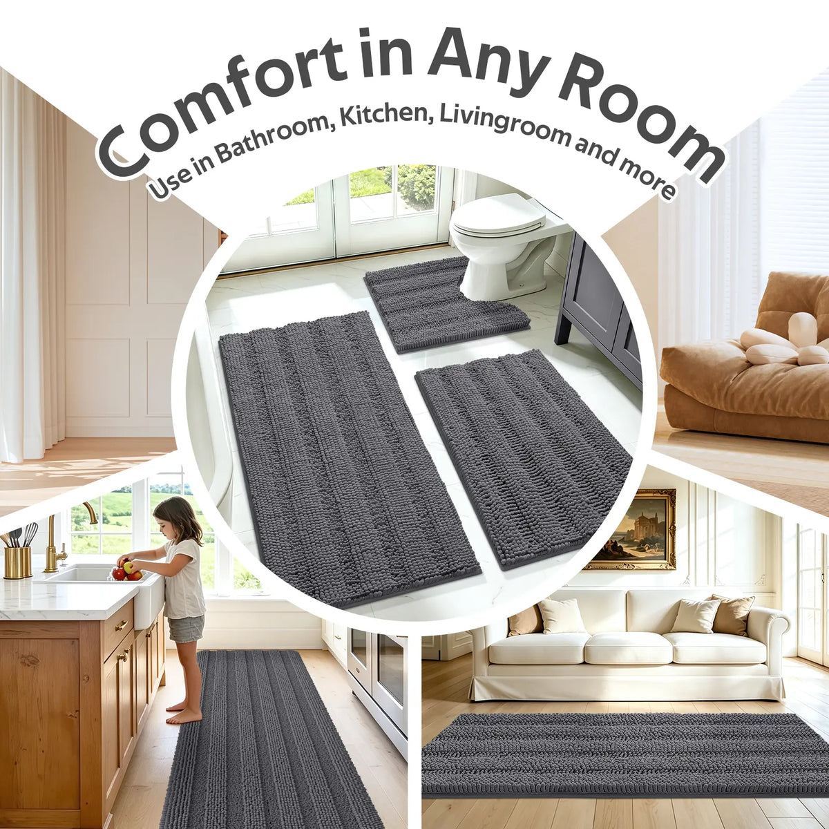 Accumtek Soft Striped Chenille Bath Rug Set - 3 Plush, Non-Slip Mats for Comfort and Style