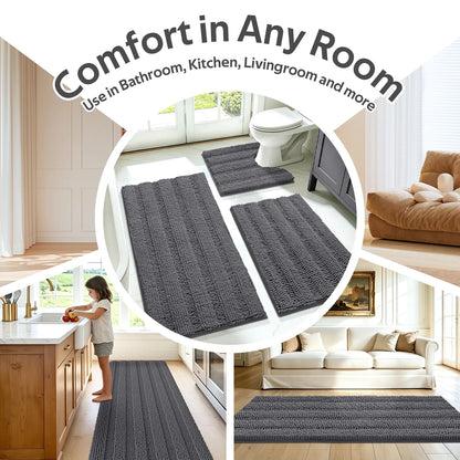 Accumtek Soft Striped Chenille Bath Rug Set - 3 Plush, Non-Slip Mats for Comfort and Style
