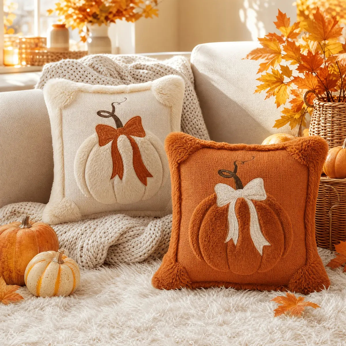 2-Pack 3D Jacquard Pumpkin Pillow Covers – Perfect 18X18 Inch Throw Pillows for Thanksgiving & Farmhouse Style