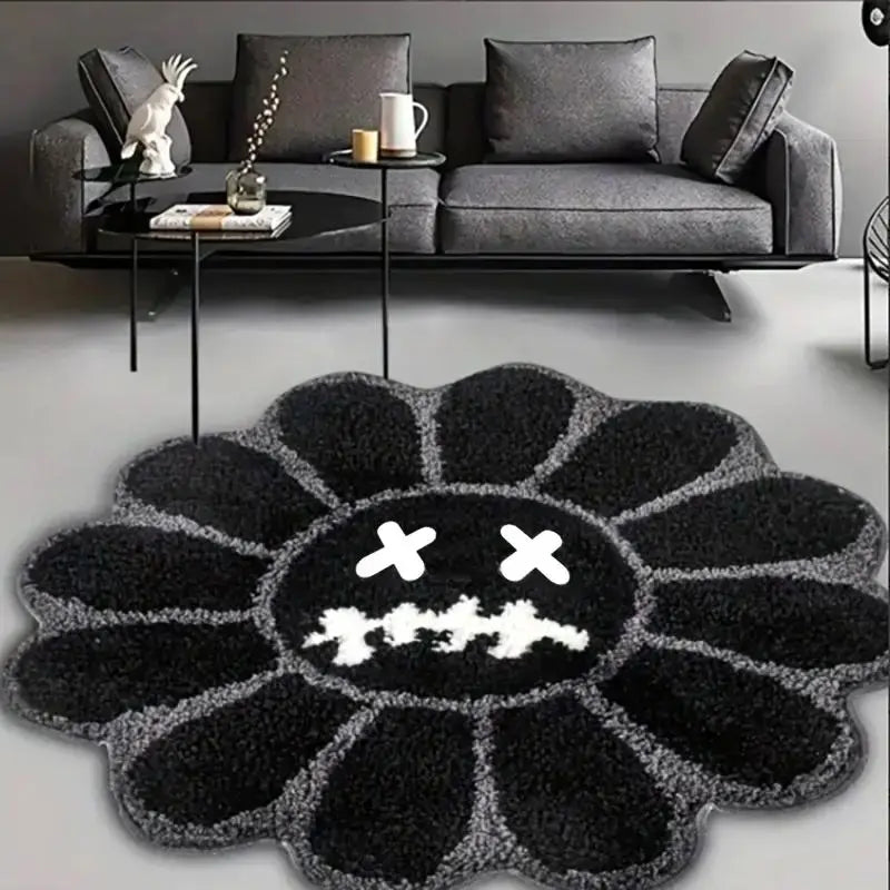 Charming Round Floral Smiling Face Rug - Gothic Decorative Velvet Mat for Living Room, Bedroom & More - Perfect Christmas Gift!