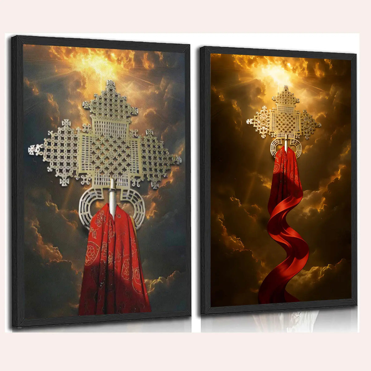 Ethiopian Orthodox Cross Wall Art Set - Vintage Christian Decor with Aluminum Frame