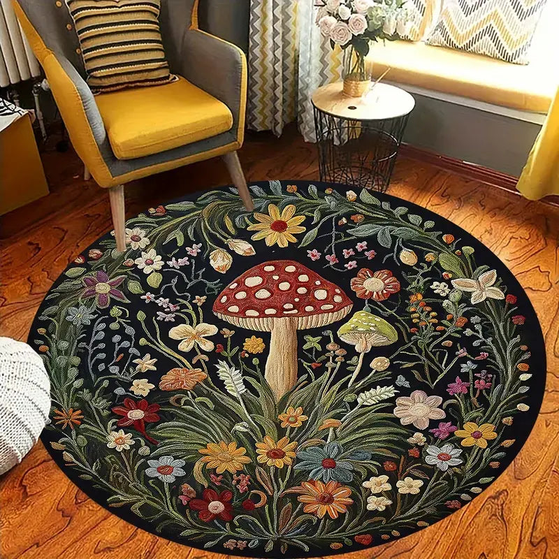 Mushroom Boho Floral Felt Rug - Fluffy, Non-Slip, and Machine Washable for Effortless Elegance