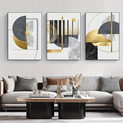 3-Piece Frameless Golden Abstract Geometric Canvas Art Set for Modern Home Decor