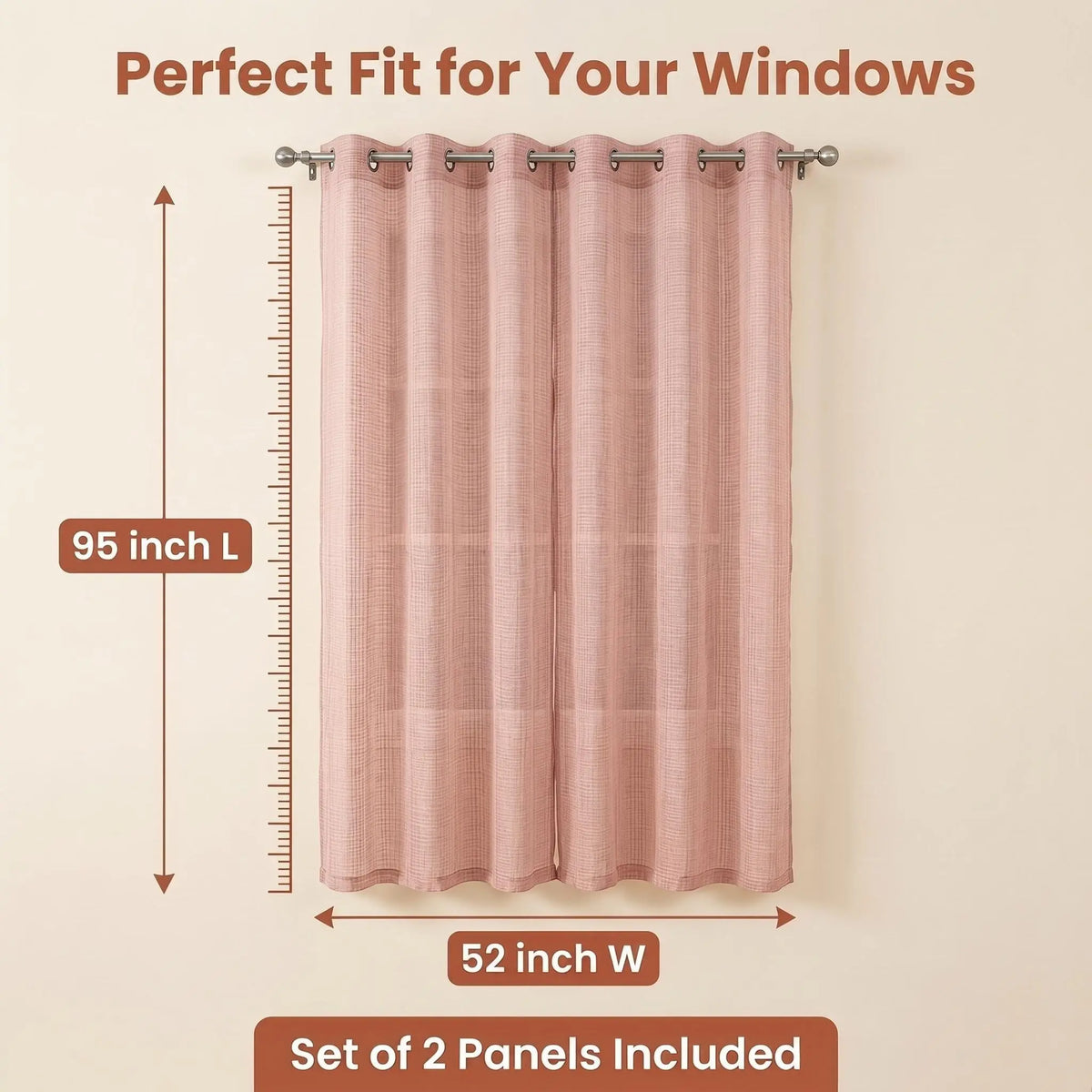Slub Yarn Semi-Sheer Curtains 52" × 95" | Set of 2 Extra-Long Light-Filtering Grommet Panels | Fifteen Colourways