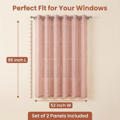 Slub Yarn Semi-Sheer Curtains 52" × 95" | Set of 2 Extra-Long Light-Filtering Grommet Panels | Fifteen Colourways