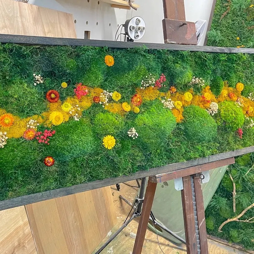 Handcrafted Framed Preserved Moss Wall Art | Botanical Panel with Wildflowers, No Maintenance | Seven Sizes to 60"