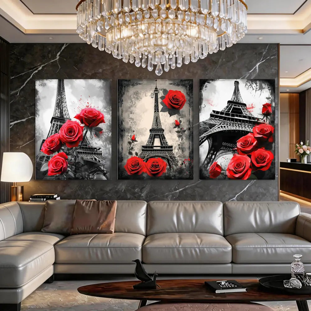 3-Piece Framed Canvas Art Set Featuring the Eiffel Tower and Red Gray Roses