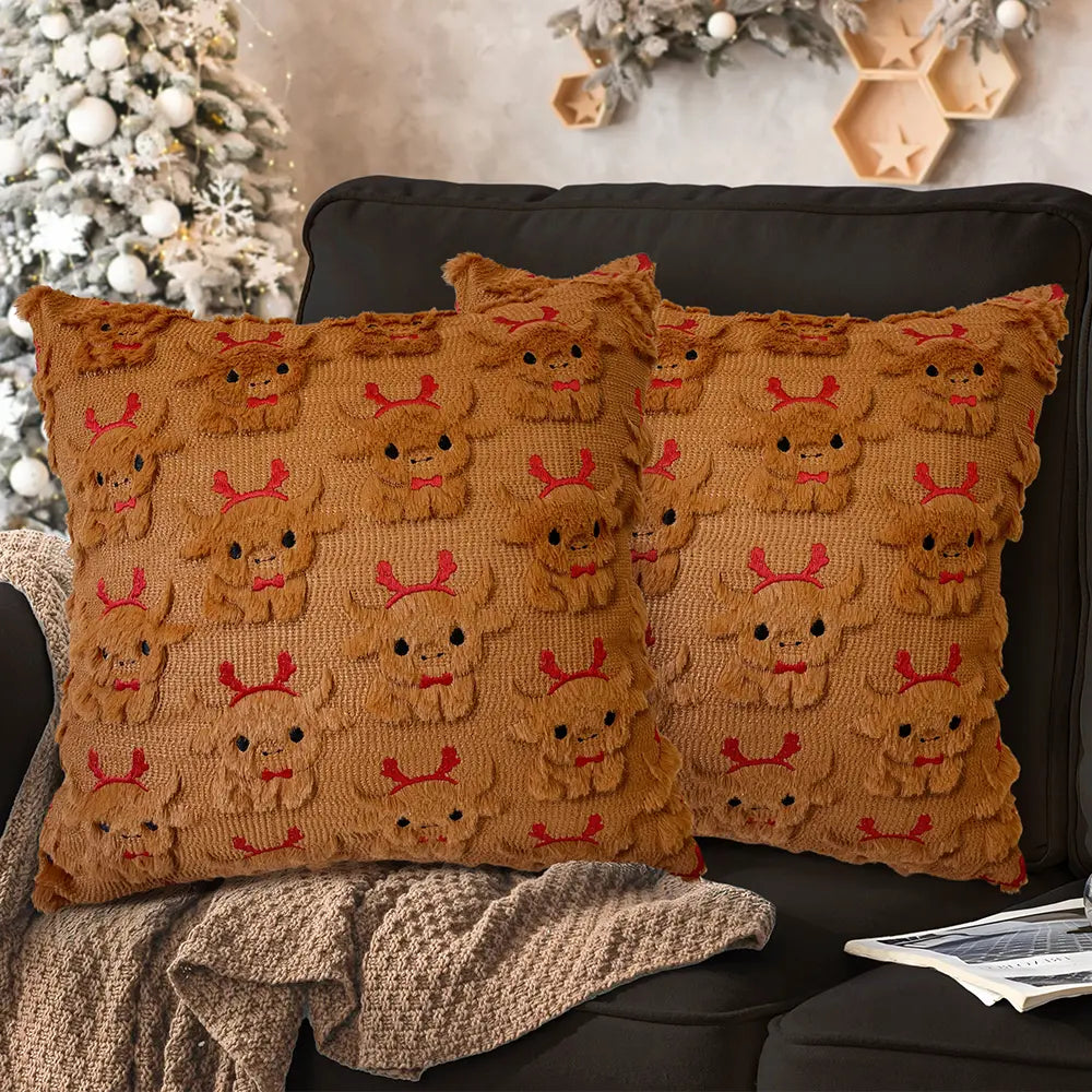 Charming Highland Cow Throw Pillow Covers - Set of 2, 18x18 Soft Plush Faux Fur Cushion Cases for Cozy Farmhouse Decor