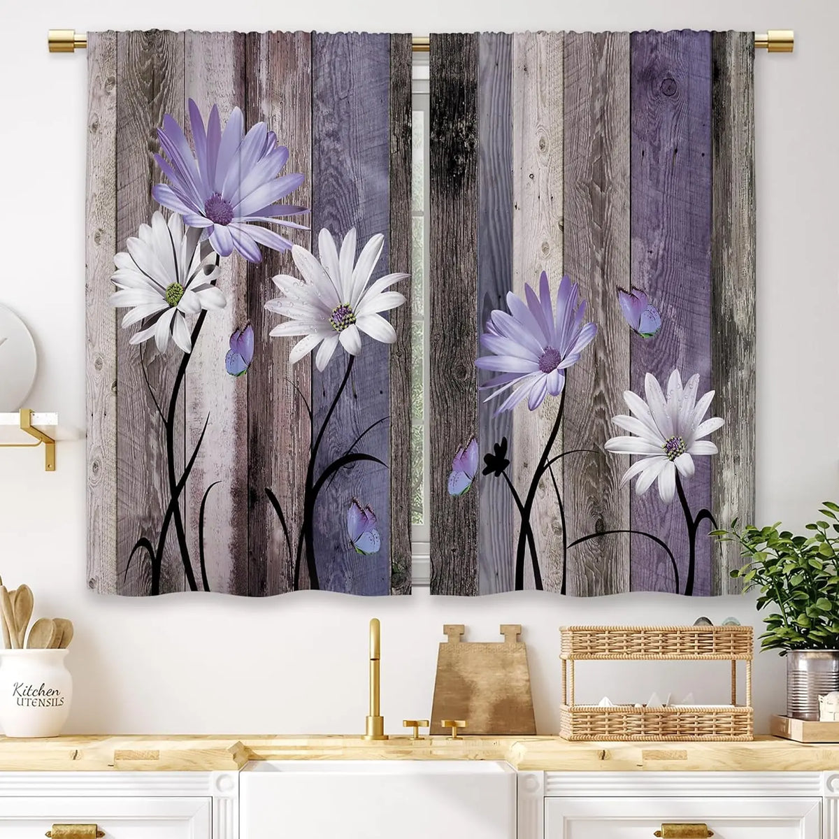 Teal Farmhouse Daisy Kitchen Curtains - Rustic Floral Butterfly Short Cafe Drapes for Country Homes (2 Panels, 27.5x39 Inch)