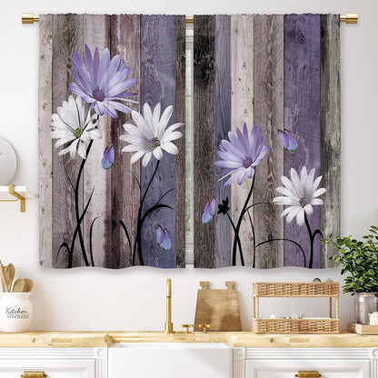 Teal Farmhouse Daisy Kitchen Curtains - Rustic Floral Butterfly Short Cafe Drapes for Country Homes (2 Panels, 27.5x39 Inch)