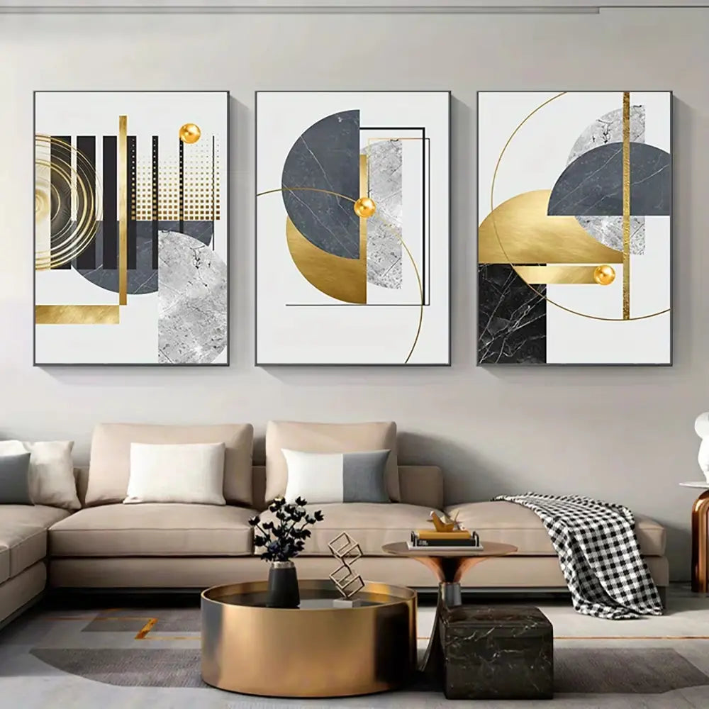 3-Piece Frameless Golden Abstract Geometric Canvas Art Set for Modern Home Decor