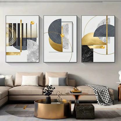 3-Piece Frameless Golden Abstract Geometric Canvas Art Set for Modern Home Decor