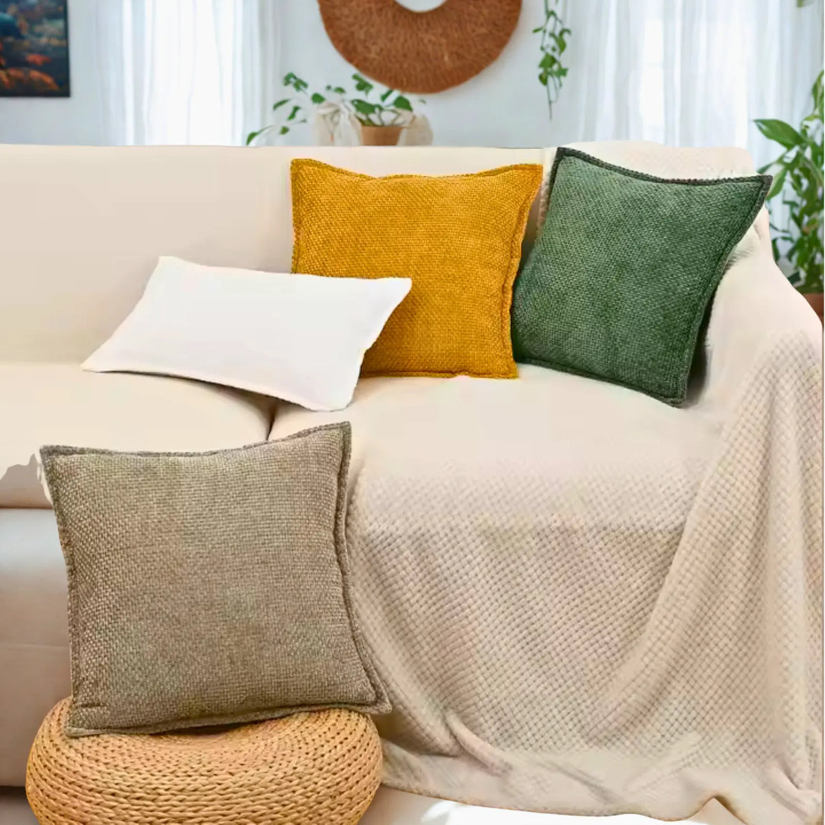 Chenille Decorative Cushion Covers - Set of 2 in Modern Farmhouse Style, Featuring Hidden Zipper and Soft Textured Fabric for Living Room