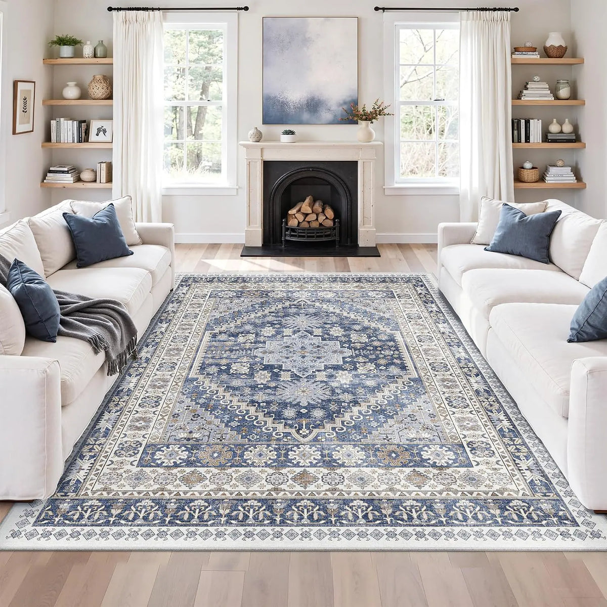 Comicomi Decorative Rugs for Bedroom, Non-Slip Backing Machine Washable Vintage Bohemian Geometric Pattern Large Pink Stain-Resistant Soft