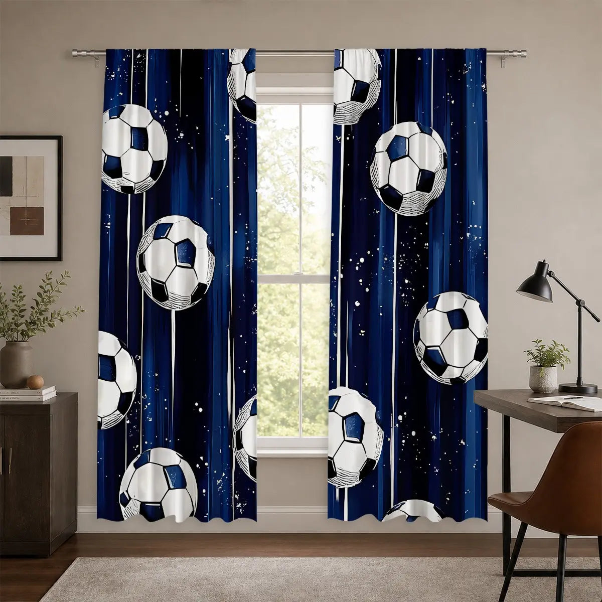 2Pcs Blue Soccer Curtains - Thermal Insulated Blackout Drapes with Stars for Boys' Bedrooms and Game Rooms