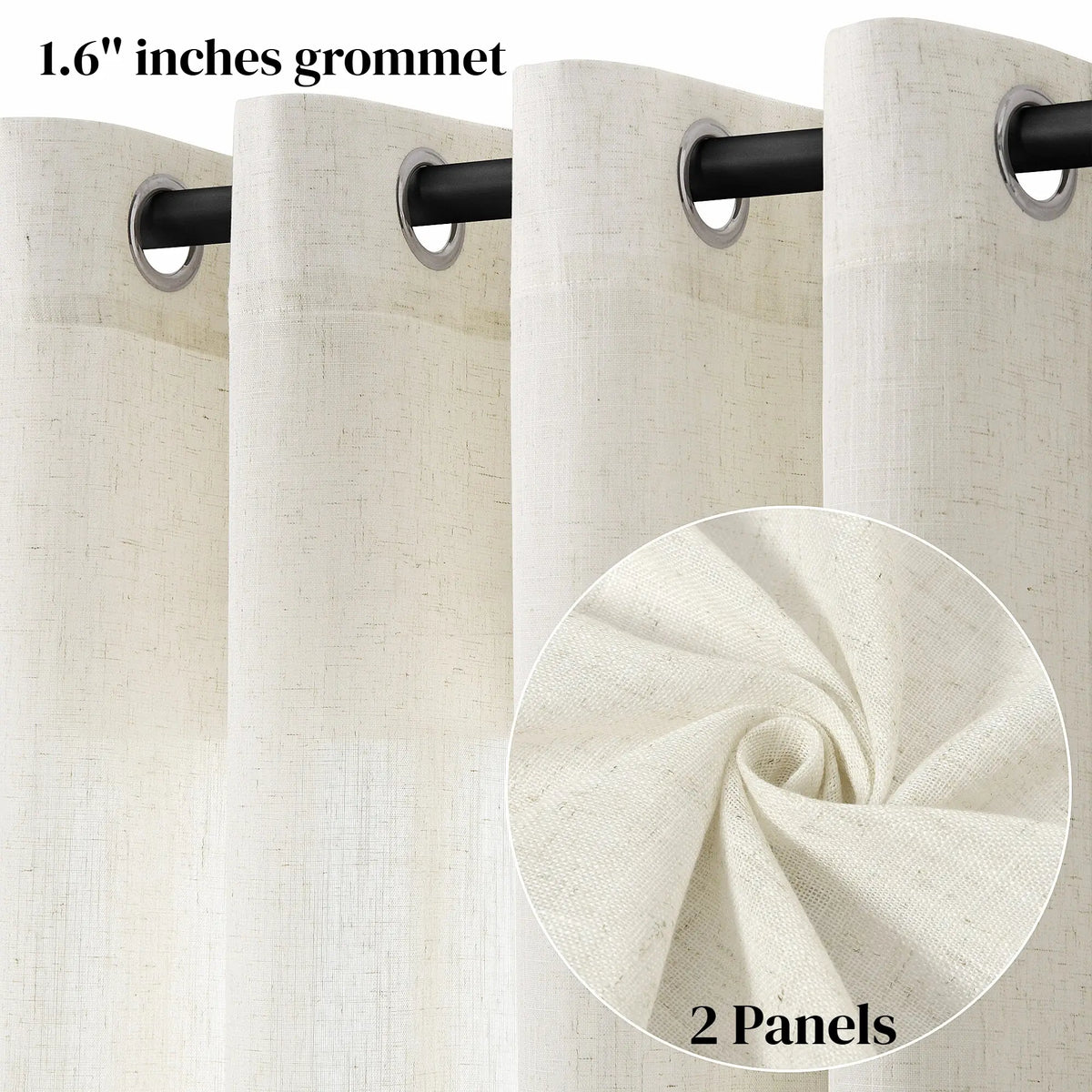 Jowels Semi-Sheer Linen Grommet Curtains - 2-Pack Drapes for Light Filtering Privacy in Any Room