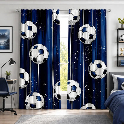 2Pcs Blue Soccer Curtains - Thermal Insulated Blackout Drapes with Stars for Boys' Bedrooms and Game Rooms