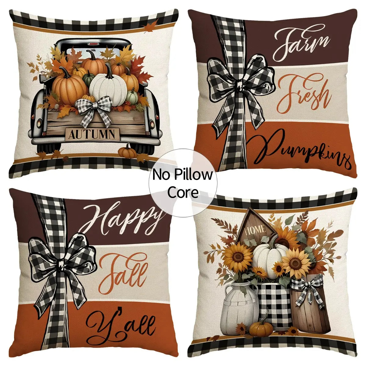 4-Piece Thanksgiving Cushion Covers with Retro Truck and Pumpkin Design